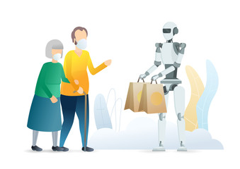 Robot with package grandparents in protective masks are waiting for goods.  Helping the older generation during. Food and drug delivery. Epidemic MERS-CoV virus 2019-nCoV. Vector flat illustration.