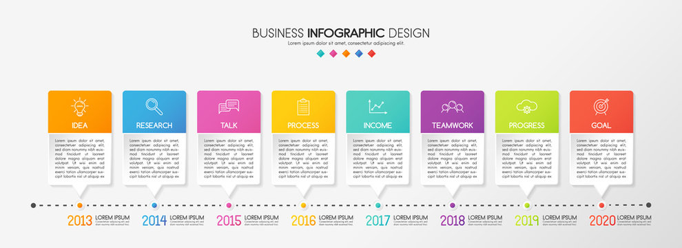Colourful infographic template with business icons and 8 options. Timeline. Vector