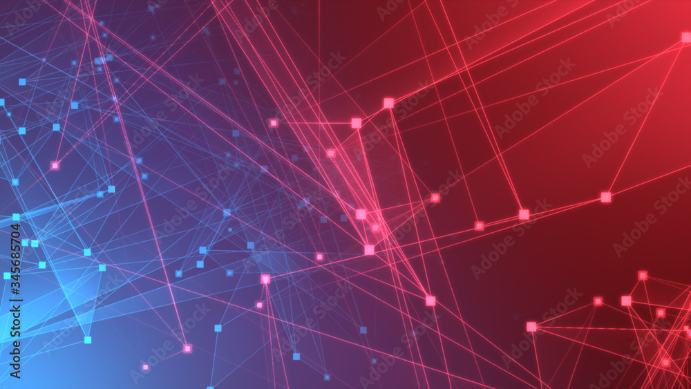 Poster Abstract red blue polygon tech network with connect technology background. Abstract dots and lines texture background. 3d rendering.