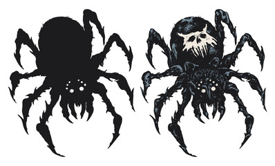 Decorative illustration with a big black spider on the background of unreadable abstract scrawls written in a circle. Vector hand-drawn banner in retro style on a background of old yellowed paper