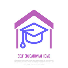 Self education thin line icon. Graduation cap at home. Symbol of online courses, training, tutorial. E-learning. Stay at home. Vector illustration.