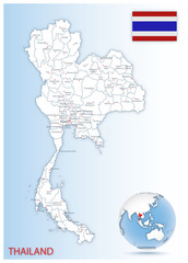 Detailed Thailand administrative map with country flag and location on a blue globe.