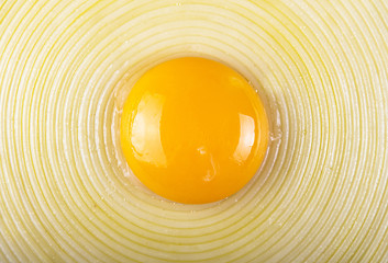 Raw yolk on middle of linguines spaghetti arranged in circle. Top view. Overhead. Close up