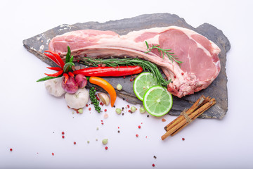 fresh cattle tomahawk on white or isolated wooden background,  Top view. Free space for your text.