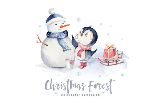 Watercolor merry christmas character penguin and snowman illustration. Winter holidays cartoon isolated cute funny animal design card. Snow holiday season xmas penguins.