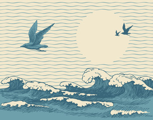 Vector decorative seascape in retro style with waves, seagulls and Sun in the sky. Hand-drawn illustration of the sea or ocean, waves of water with white ridges of sea foam on the old paper background