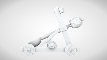 3D rendering of an old catapult with two buckets without textures. The model is white on a white background, isolated. Side view. Illustration for historical materials and publications.
