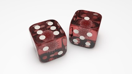 3D rendering of glass dice with covid-19 coronavirus in the middle. Dice with the number 6: 1, the idea of winning or losing, lot and chance, luck and failure. Isolated on a white background.