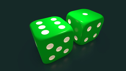 3D rendering of a green dice for the game in the casino. The idea of chance, luck and failure, winning, jackpot and losing.