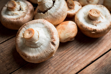Freshly harvested mushrooms on the rustic wooden background. Selective focus. Shallow depth of field.

