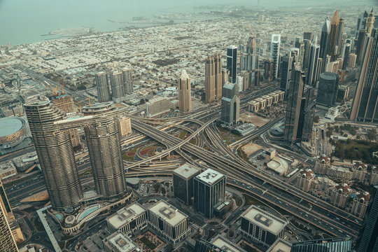 Dubai Downtown panorama at morning, Skyscrapers high tower buildings from Above view, UAE. © DedMityay