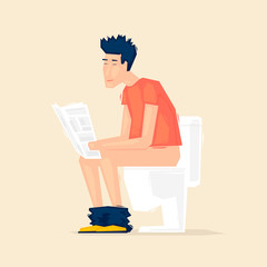 Man reads a newspaper while sitting on the toilet, news. Flat illustration