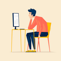 Man is tired, sitting on a chair. Hard work, bad mood. Flat illustration