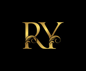 Elegant Gold RY Letter Floral logo. Vintage drawn emblem for book design, weeding card, brand name, business card, Restaurant, Boutique, Hotel. - obrazy, fototapety, plakaty
