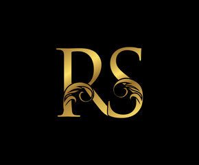 Elegant Gold RS Letter Floral logo. Vintage drawn emblem for book design, weeding card, brand name, business card, Restaurant, Boutique, Hotel.