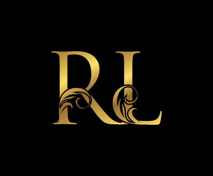 Elegant Gold RL Letter Floral logo. Vintage drawn emblem for book design, weeding card, brand name, business card, Restaurant, Boutique, Hotel.