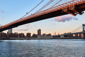 Red- Bridge- East River- Empire State Building- Sunset- Manhattan- New York City- United States- USA.