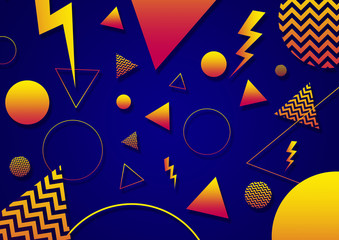 A blue orange and yellow retro vaporwave 90's style random geometric shapes with vibrant neon color palette on a radial gradient background