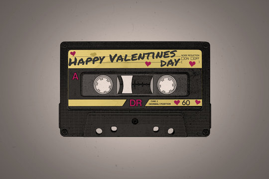 A retro Valentine's Day themed black and yellow aged audio cassette illustration background with copy space