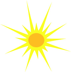 Sun bitmap illustration, yellow sun wit long sunbeams on white background