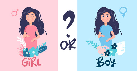 Vector illustration of cute young pregnant woman wondering about her future baby gender. It s a boy or girl quiz. Expecting woman standing and thinking, newborn boy and girl.