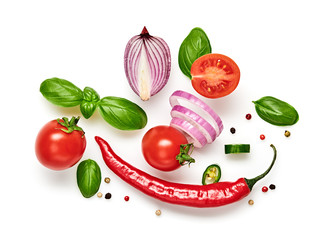 Tomato, basil, spices, chili pepper, onion, garlic. Vegan diet food, creative composition isolated on white. Fresh basil, herb, tomatoes pattern layout, cooking concept, top view.