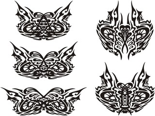 Tribal owl mask - ornate wise eyes. Ornamental symbols of owl eyes for carnival masks, engraving, tattoos, embroidery, textiles, prints, etc. Black on White