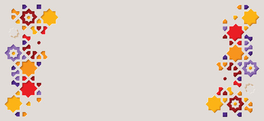 Arabic arabesque design greeting card for Ramadan Kareem,Islamic ornamental colorful detail of mosaic isolated on a light background