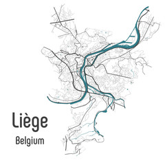 Map of Liege Luik Lüttich city within administrative borders with roads and rivers on white background