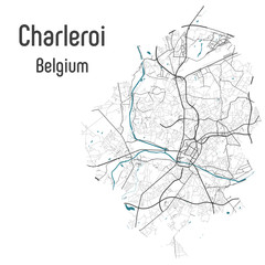 Map of Charleroi city within administrative borders with roads and rivers on white background