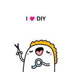 I love diy hand drawn vector illustration in cartoon comic style man holding scissors and tape