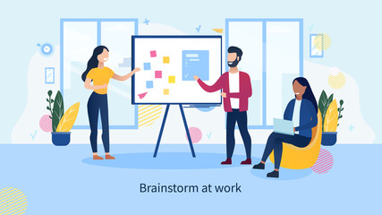The team is coming up with new creative solutions in the office. Workflow of making decisions. Brainstorm meeting concept. People working on the project share their thoughts and discuss ideas. Vector