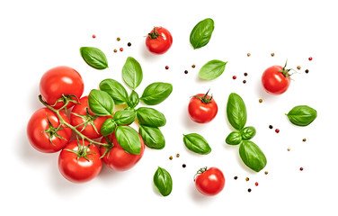 Tomato, basil, spices, pepper, garlic. Vegan diet food, creative cherry tomato composition isolated on white. Fresh basil, herb, tomatoes, cooking concept, top view.