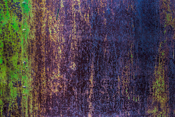 Texture of a rusty metal surface with white, green, salt, evergreen, dark blue, blue, aged cracked paint. Rusty and scratched painted metal wall