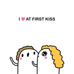 I love at first kiss hand drawn vector illustration in cartoon comic style people together dating
