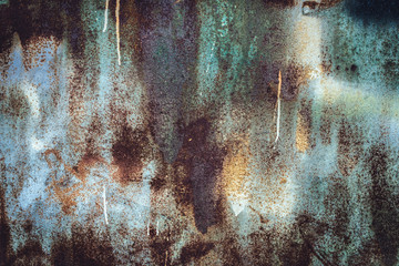 Texture of a rusty metal surface with white, green, salt, evergreen, dark blue, blue, aged cracked...