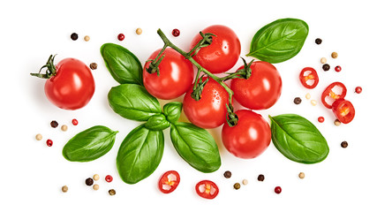 Tomato, basil, spices, pepper, garlic. Vegan diet food, creative cherry tomato composition isolated on white. Fresh basil, herb, tomatoes, cooking concept, top view.