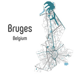 Fototapeta premium Map of Bruges Brugge city within administrative borders with roads and rivers on white background