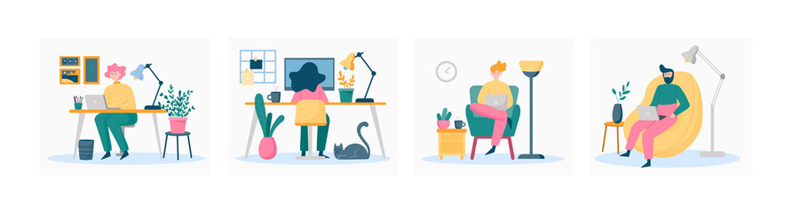 Set of freelancers working at home, coworking space. Young people, mаn and womаn working on laptops and computers at home. Vector cartoon flat style illustration on white background