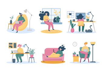 Set of freelancers working at home, coworking space. Young people, mаn and womаn working on laptops and computers at home. Vector cartoon flat style illustration on white background