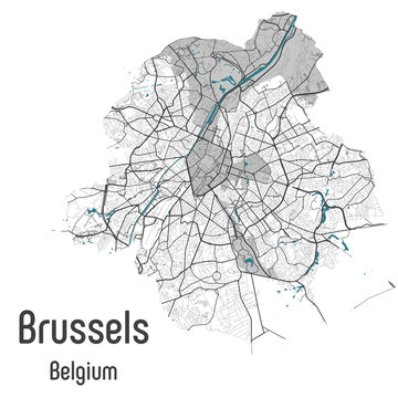 Map of Brussels Bruxelles Brussel city within administrative borders with roads and rivers on white background