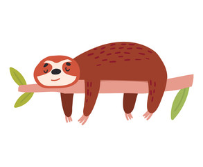 Cute sloth is sleeping on tree. Cartoon Flat character. Vector illustration isolated on white background for web and design