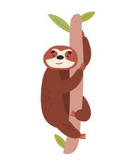 Cute cartoon sloth character on tree. Icon for web Vector Illustration isolated on white background