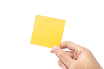 Close up hand holding empty yellow paper note isolated on white background with clipping path. remind to do list, office supplies note message, office and bussiness concept.