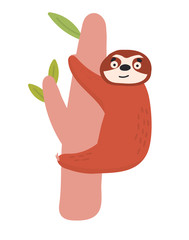 Lazy cute sloth icon on the tree for web. Cartoon flat vector illustration isolated on white background