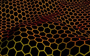 Honeycomb wave effect on a red yellow background. Perspective view on polygon look like honeycomb. Isometric geometry. 3D illustration