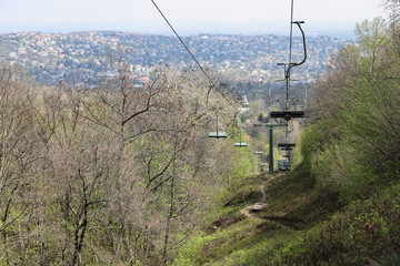 Path under the chairlift in the mountain forest in early spring
