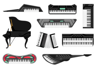 Collection of musical keyboard instrument. Isolated icons set of music key boards on white background. Vector musician equipments. Tools for music lover