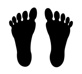 Human feet black silhouette. Symbol footprint with toes. Traveler man, boot steps tracking. Vector illustration isolated on white