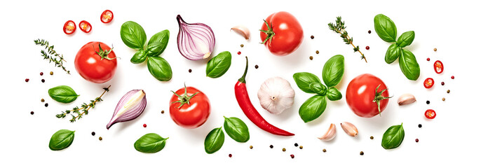 Tomato, basil, spices, chili pepper, onion, garlic. Vegan diet food, creative composition isolated on white. Fresh basil, herb, tomatoes pattern layout, cooking concept, top view.